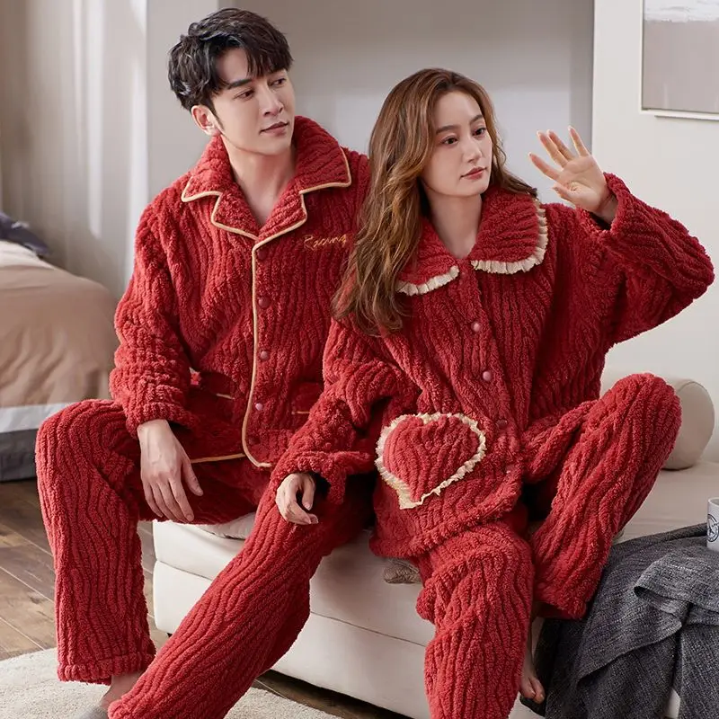 Lovebird Pajama Sets Women's autumn and Winter Coral Velvet Thickened Warm Lapel Flannel Men's Homewear Set Couple Sleepwear