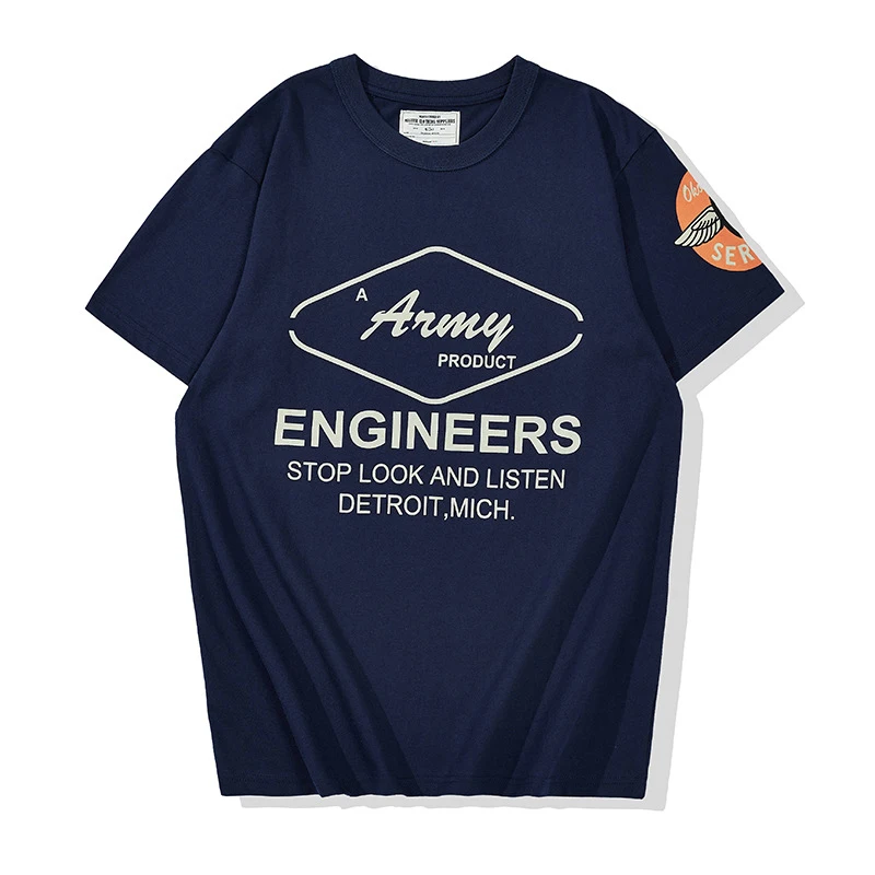 Summer Men\'s T Shirt Vintage Solid Color Letter Print Short Sleeve Tshirt Round Neck Cotton Tee Shirt Amekaji Retro Casual Tops
