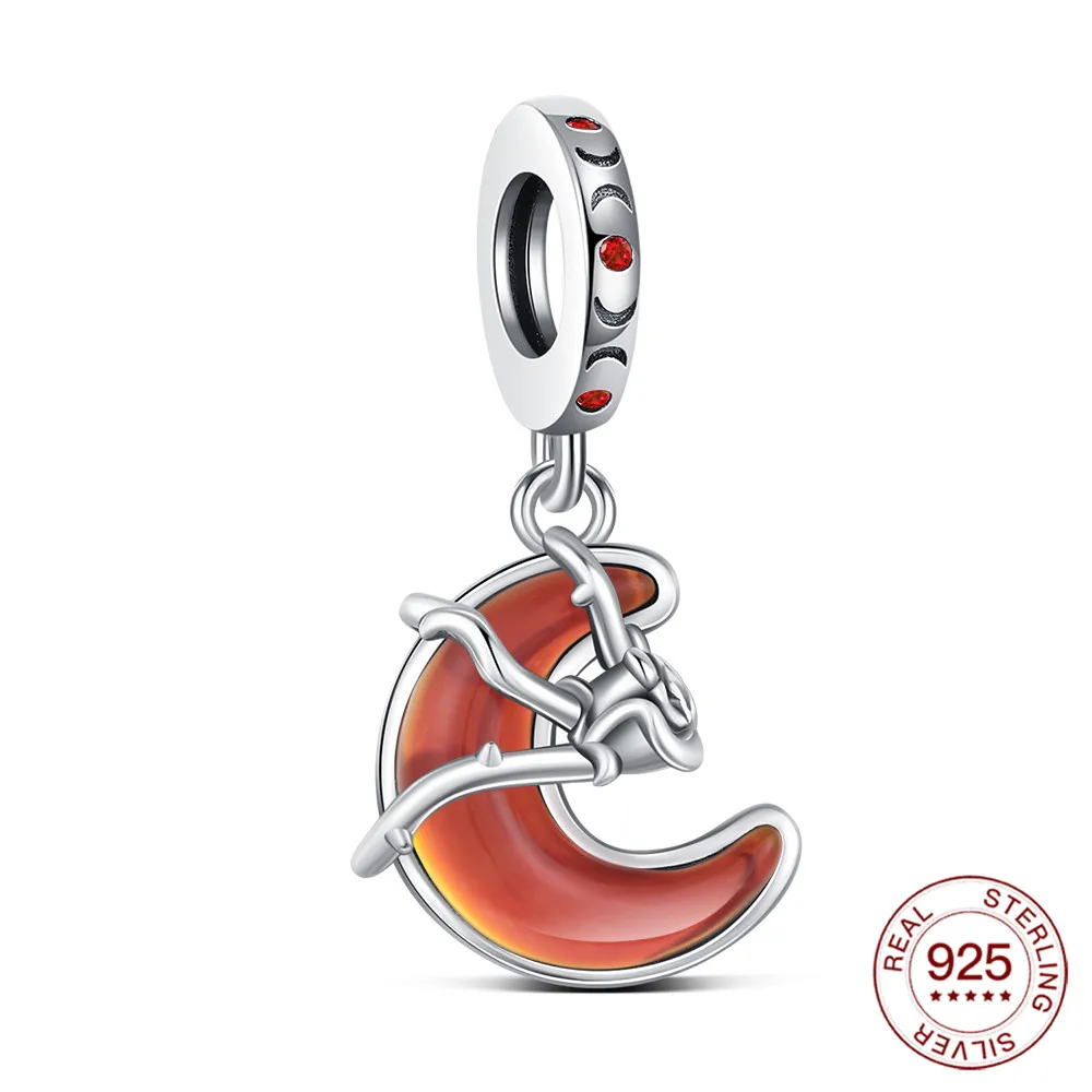 Neue Charms Original Roter Mond Rosen-Anhänger S925 Sterling Silber Perle Passend für Armbänder DIY für Frauen Edler Schmuck Liebesgeschenk