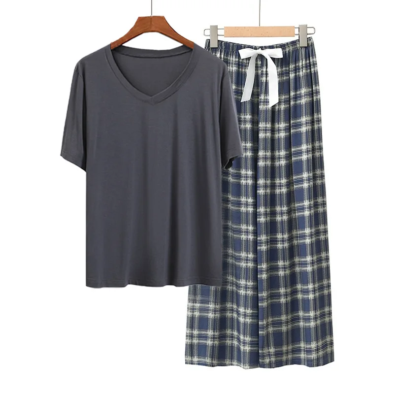 Trendy Lady's Loungewear V Neck Pullover Short Sleeve Pajamas Sets Spring Summer Soft Touch Pants Casual Homewear 2pcs