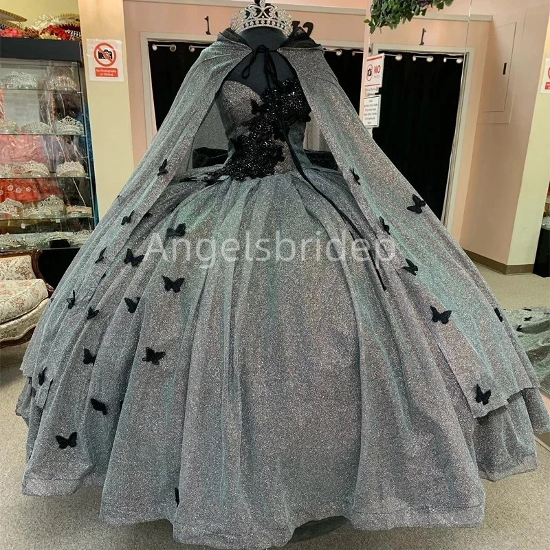 

Angelsbridep Vestido De 15 Años 2025 Grey Ball Gown Sweet 16 Quinceanera Dress Evening Party Dresses With 3D Butterfly Cape