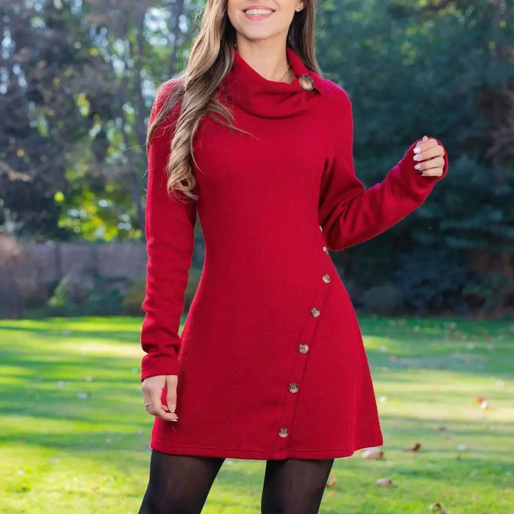 Women Autumn Winter Dress Stylish Women's Autumn Winter Mini Dress with Piled Collar Long Sleeve Hip Wrapped Buttons for Casual