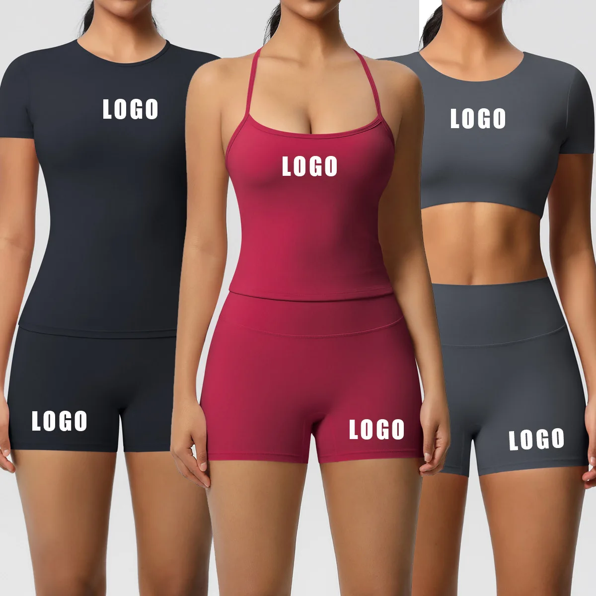 

Женский двусторонний дышащий облегающий костюм для йоги с логотипом на заказ, шорты с короткими рукавами, спортивный костюм для бега и фитнеса