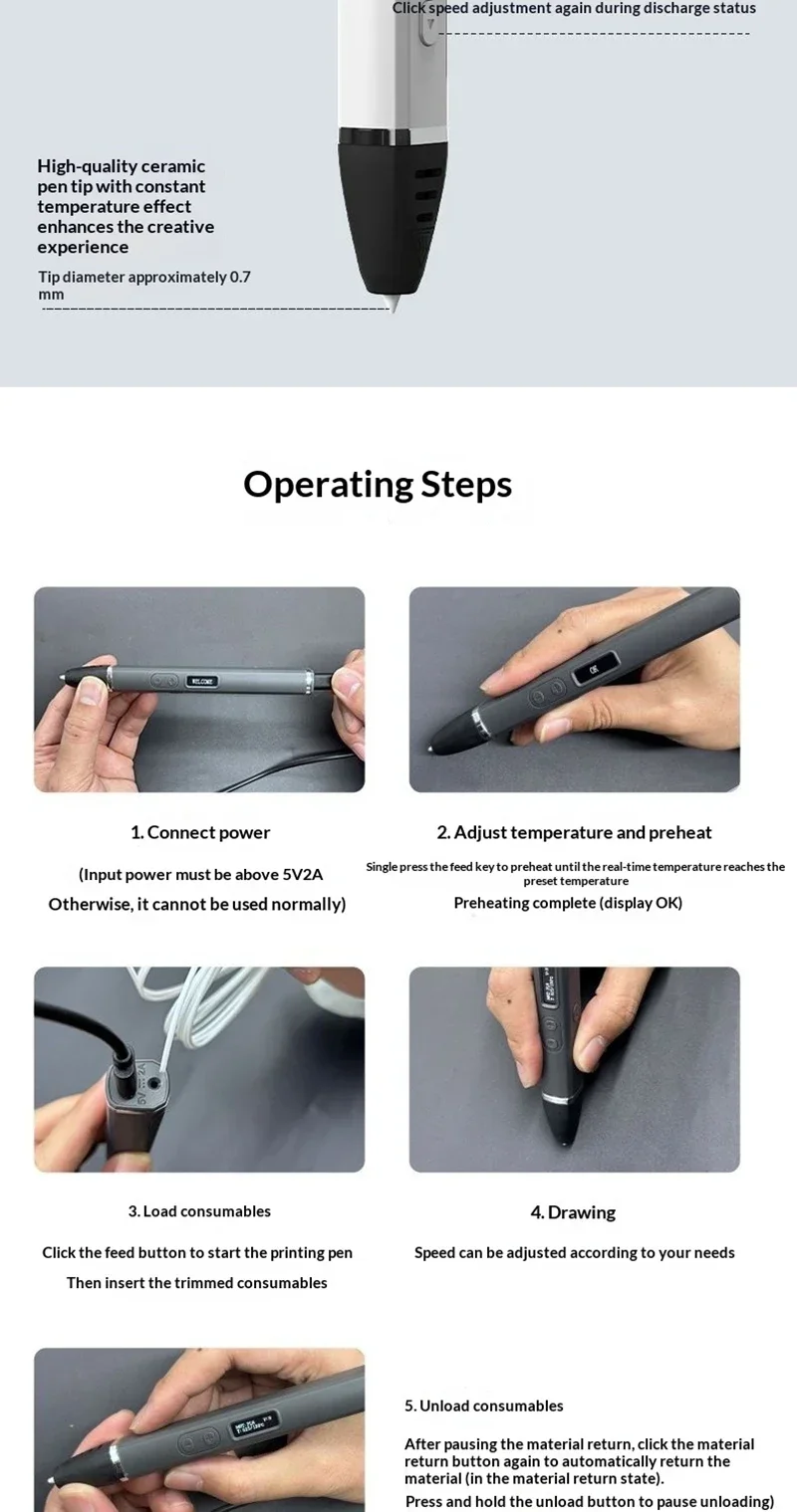 Professioneller 3D-Druckstift für Wettbewerbe mit OLED-Display und 200m PLA-Filament, Abnehmbares Design für 3D-Doodling – Detail 9