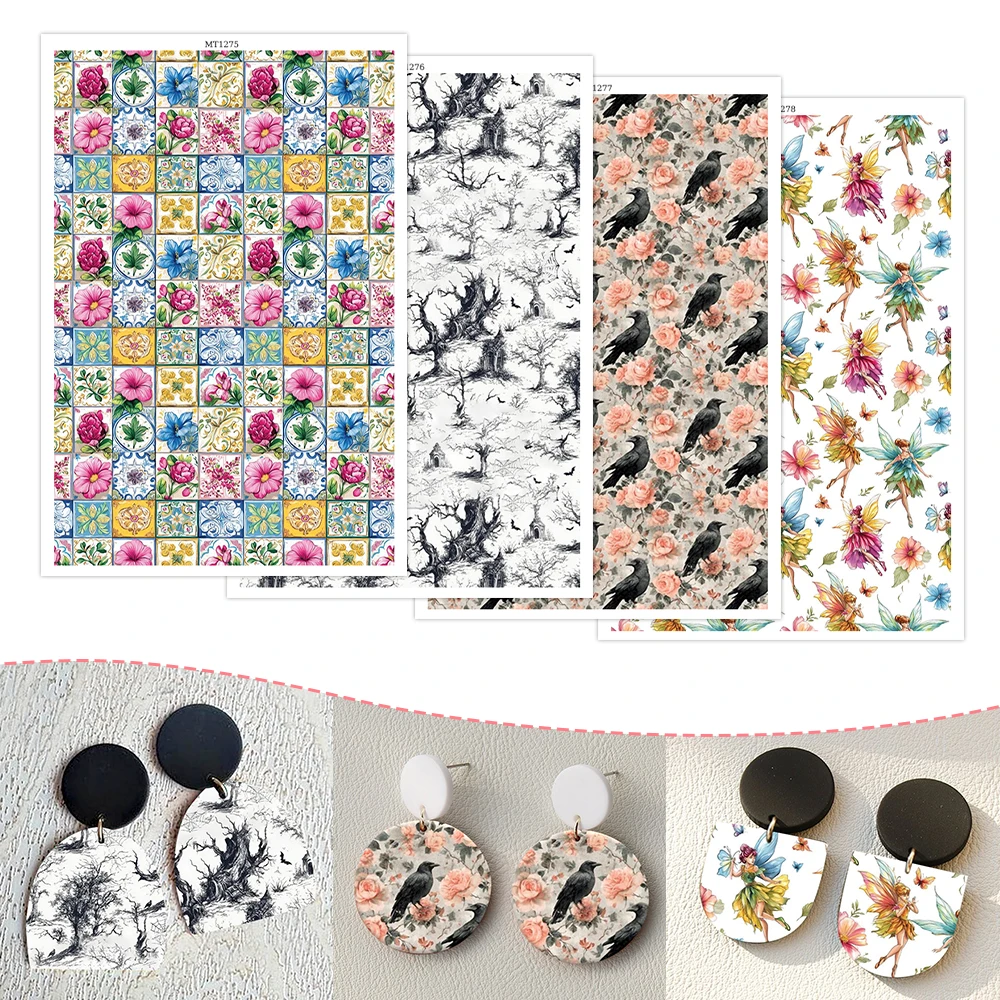 

Fairy Tale Black Bird Winter Tree Colorful Grid Floral Soft Ceramic Earrings Water Transfer Paper Sticker For Jewelry Making