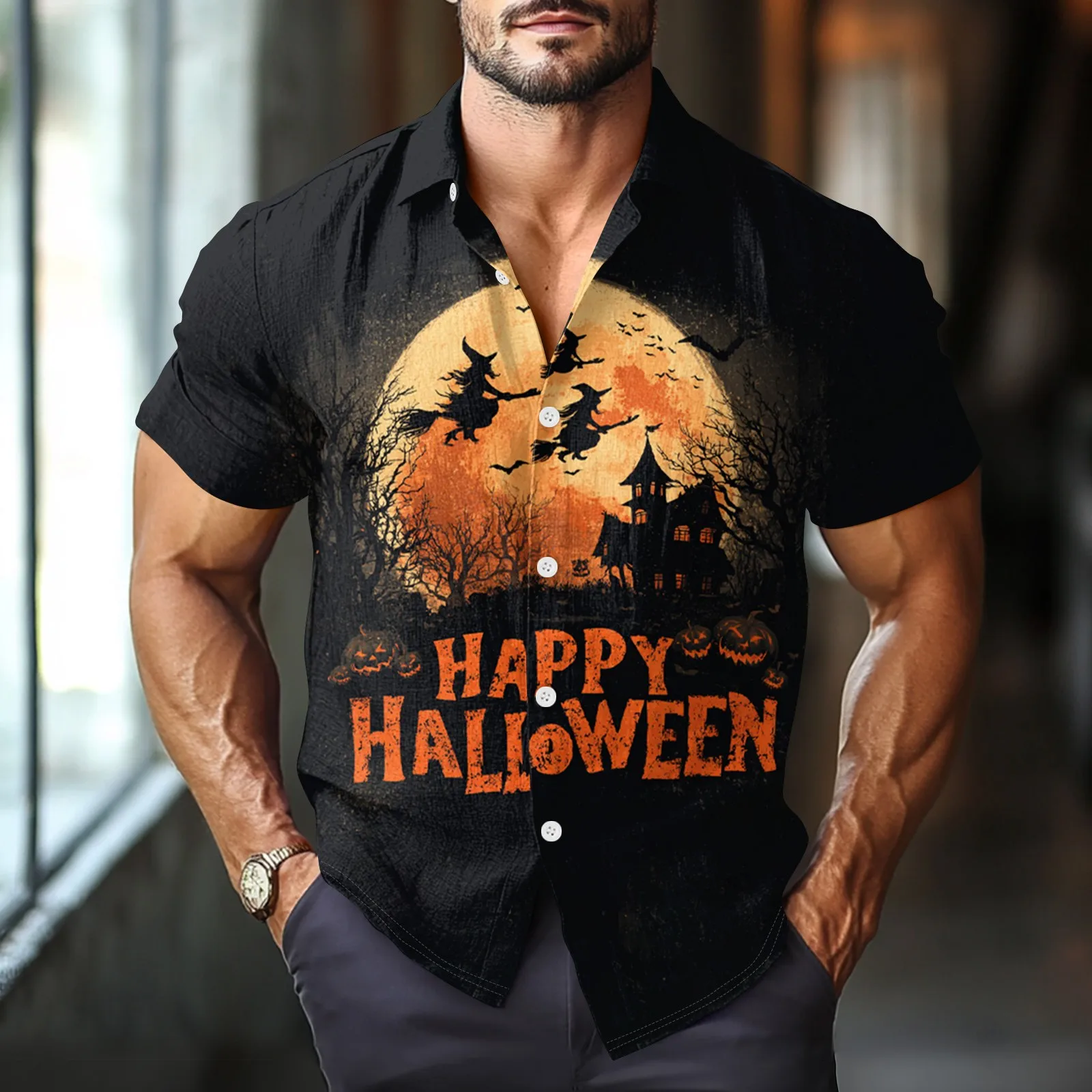 

Halloween Element Men'S Tops Forest Bat Night Horror Atmosphere Men's clothing Open Button Halloween Style Printed Short-Sleeved
