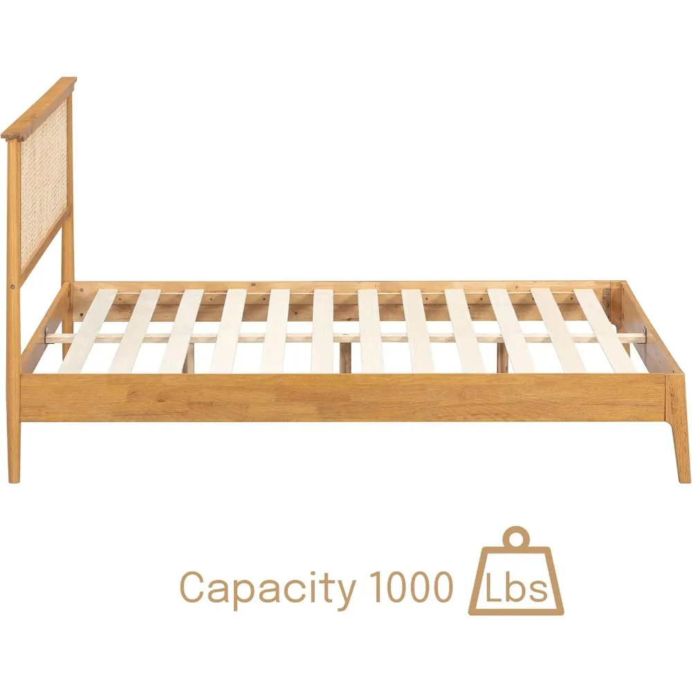 هيكل سرير خشبي من الروطان والبلوط الصلب مع لوح رأسي، يتميز بشرائح صامتة ودعم ما يصل إلى 1000 رطل