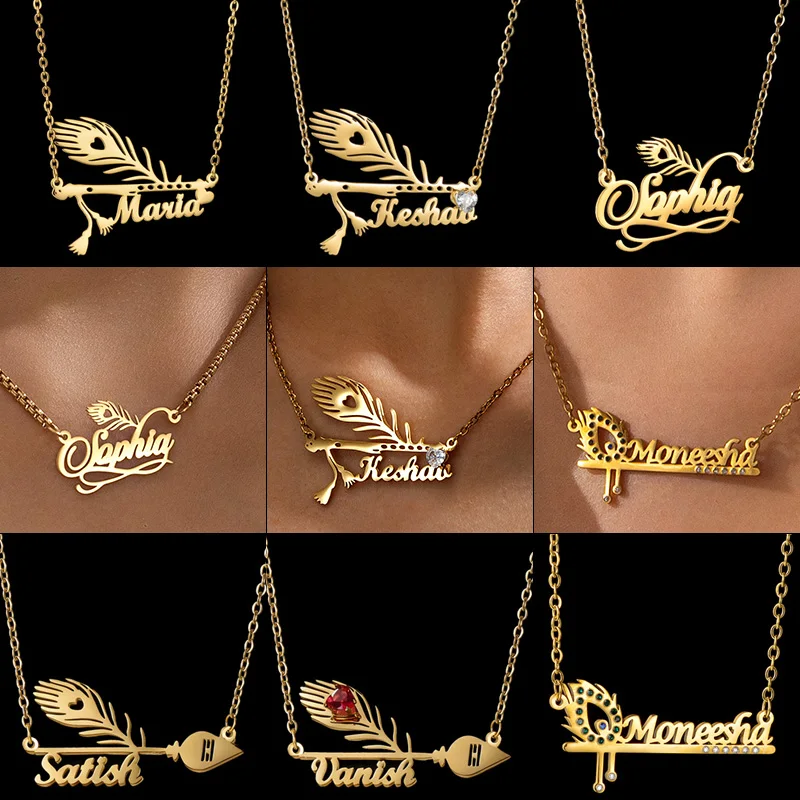 

Nextvance Custom Name Necklace Peacock Feather Arrow Pen Pendant For Women Personalized Stainless Steel Nameplate Jewelry Gifts
