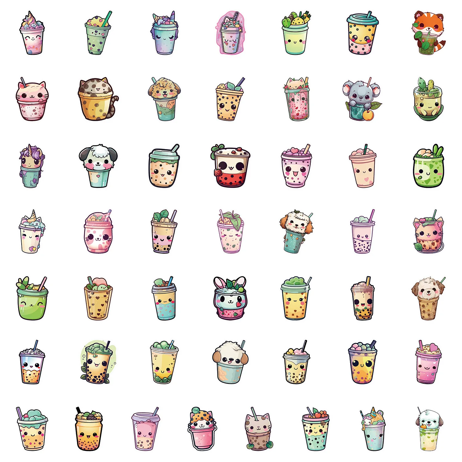 50/100 Pcs Vinyl Cute Face Bubble Tea Cup Creative Stickers DIY Game for Cup Phone Helmet Car Stationery Box Fridge Decals