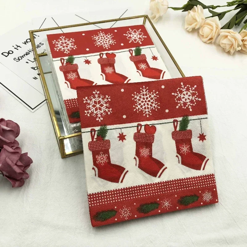 20Pcs 2Ply 33cm Christmas Stocking Napkins Snowflake Print Disposable Paper Napkins for Xmas Party Table Decor