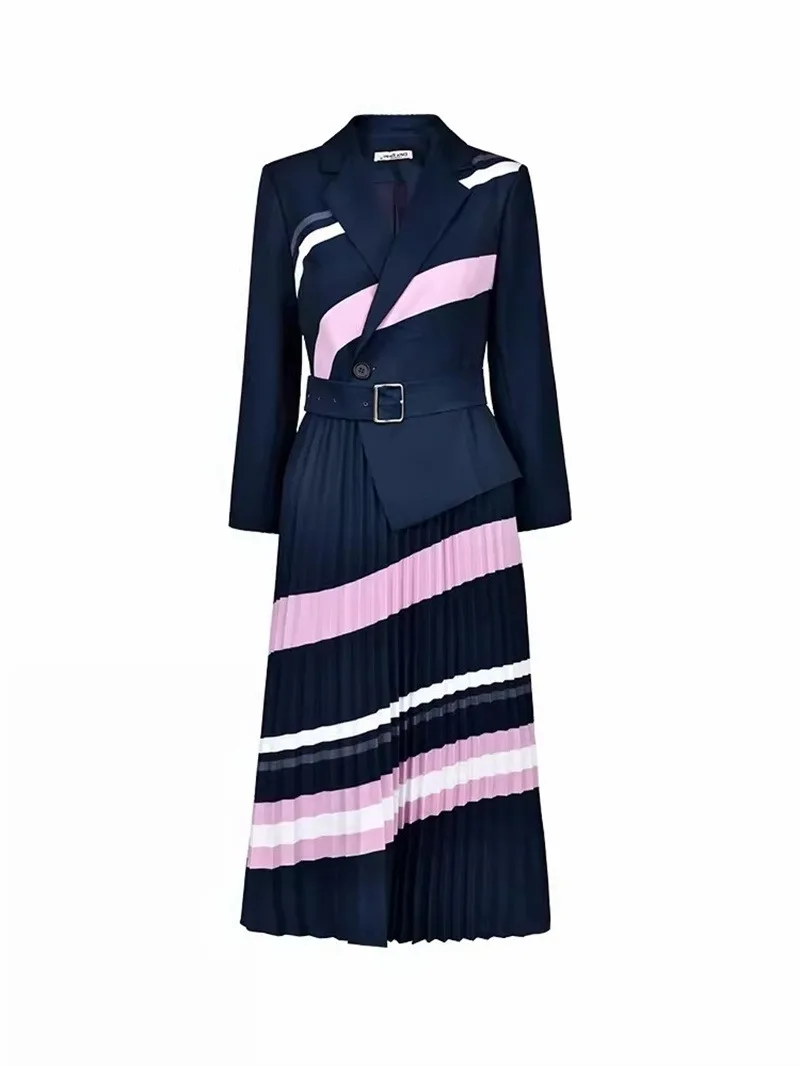 

Autumn suit collar dress 2023 new commuter stripe waist pleated skirt long dress LOOSE vestidos elegantes para mujer