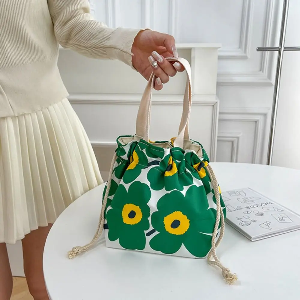 

Sweet Flower Drawstring Bag Print Cartoon Print Canvas Handbag Lunch Bag Handheld Knot Wrist Bag Travel