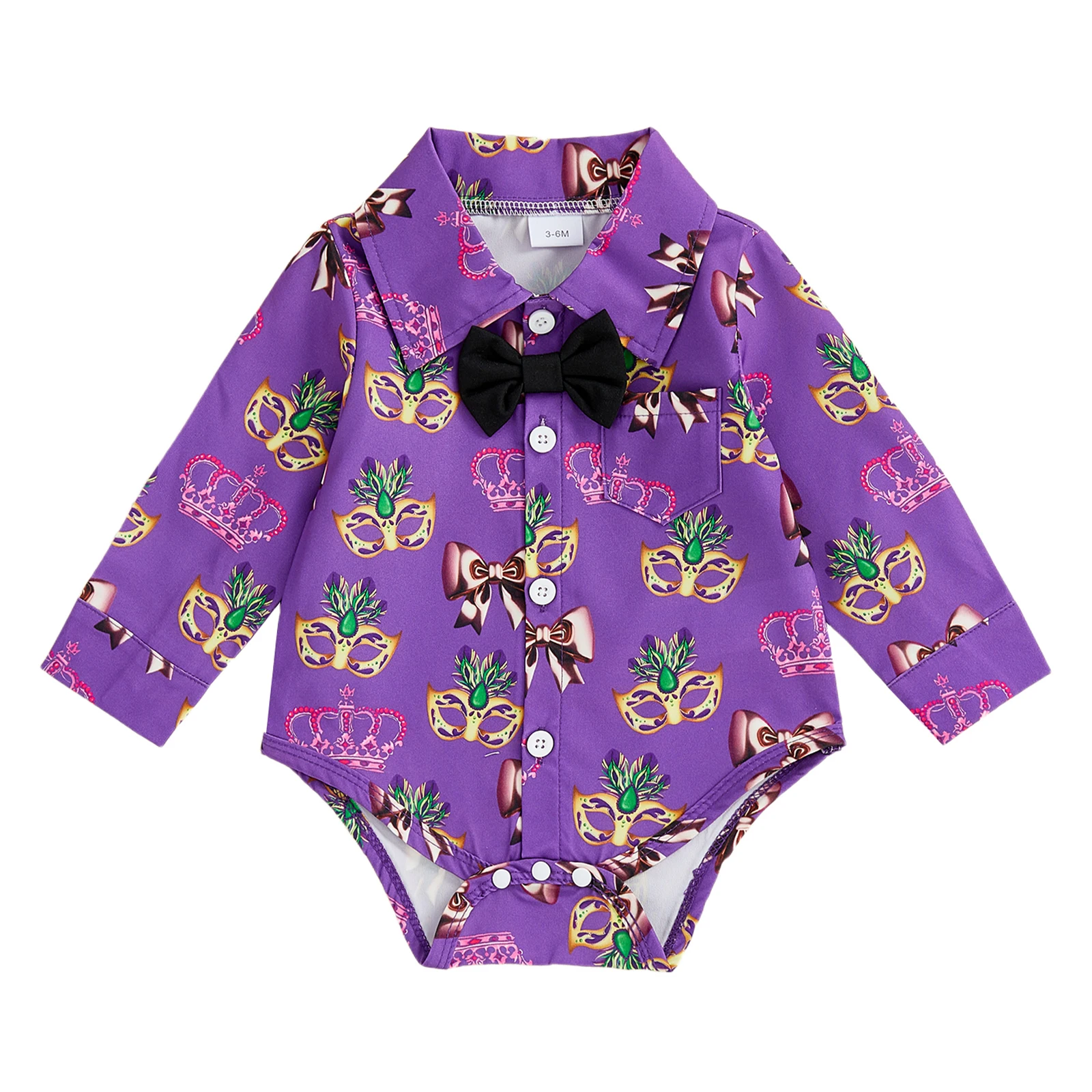 

Toddler Boys Carnival Costume Romper with Long Sleeves Lapel Collar and Face Print Button Up Jumpsuit with Bowtie and Mask