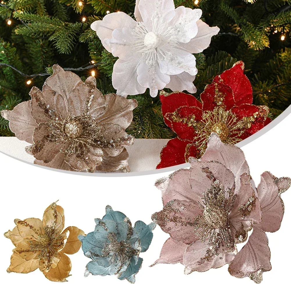 1pcs Glitter Christmas Poinsettia Flower Xmas Tree Hanging Merry Christmas Decoration For 2024 New Year Navidad Natal Noel Decor