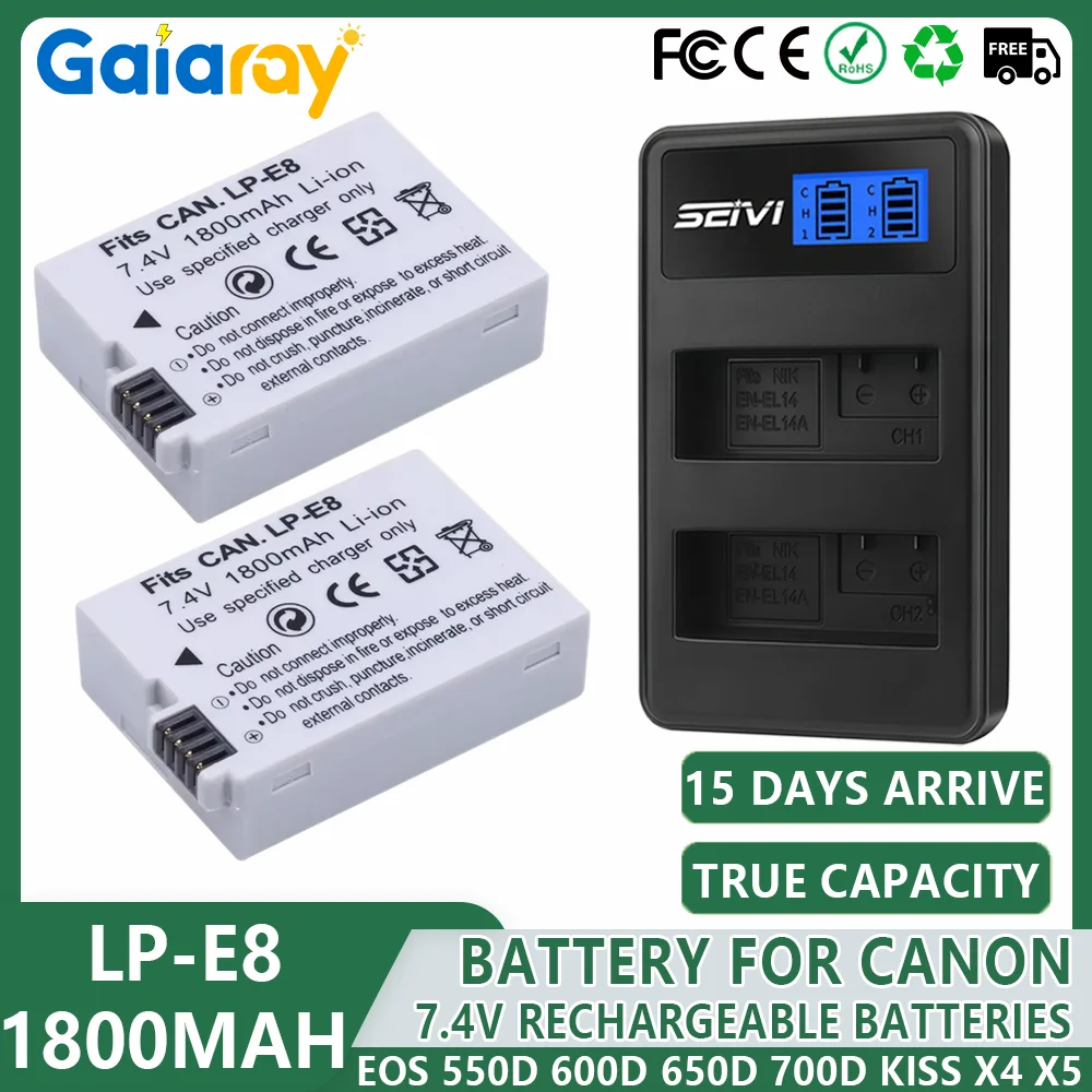 1800mAh Rechargeable Battery LP-E8 Battery+Dual Charger For Canon EOS Rebel T3i T2i T5i 600D 550D 650D 700D Kiss X5 X6 X7 Camera