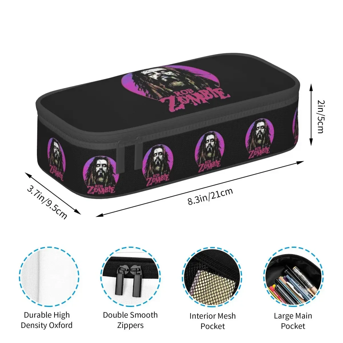 Vintage Rob Zombie Band Art Pencil Case for Students School Pen Box Pencil Bag Stationery Supplies Pen Holder Bag