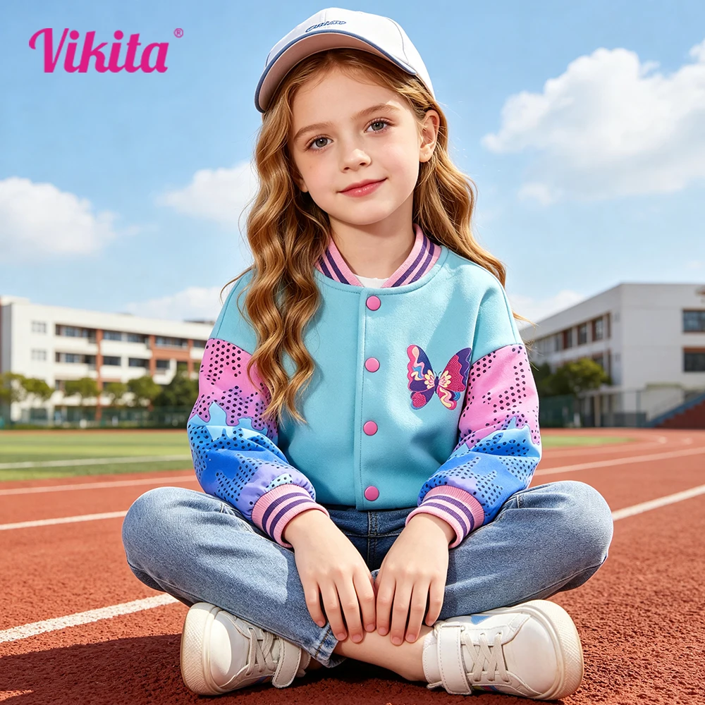 Girls Butterfly Print Blue Button Coat Kids Autumn Spring Patchwork Casual Coat Outerwear Baseball Jackets Children Clothes