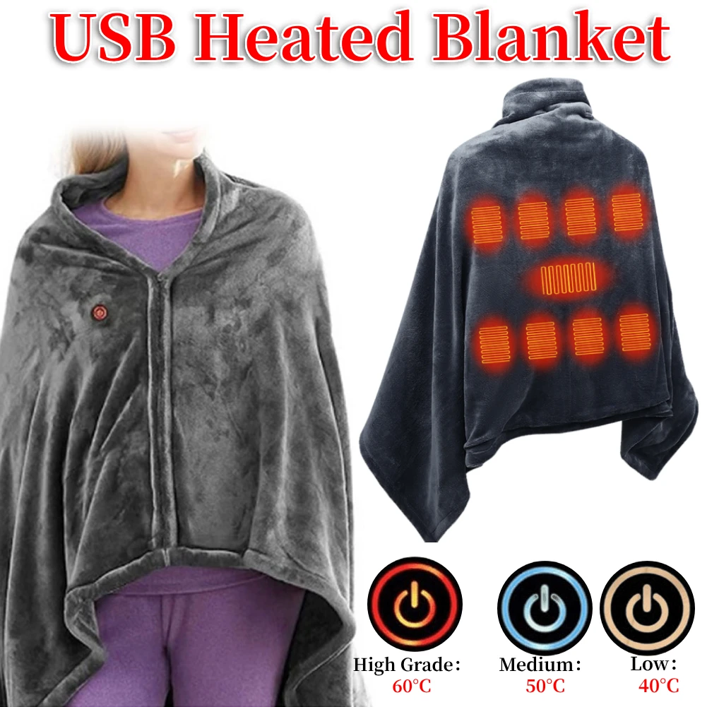 5V USB Electric Heated Blanket Shawl 3 Heating Levels Fleece Heated Blanket Portable Body Warmer Blanket Quickly Heated Cape Pad