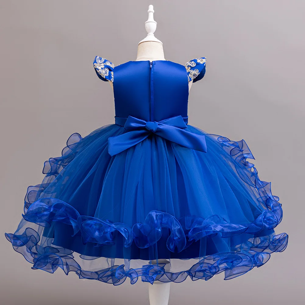 Girls Pageant Dress Embroidery Flutter Sleeves Bow Layered Tulle For Princess Party Wedding Birthday Elegant Ball Gown For Toddl
