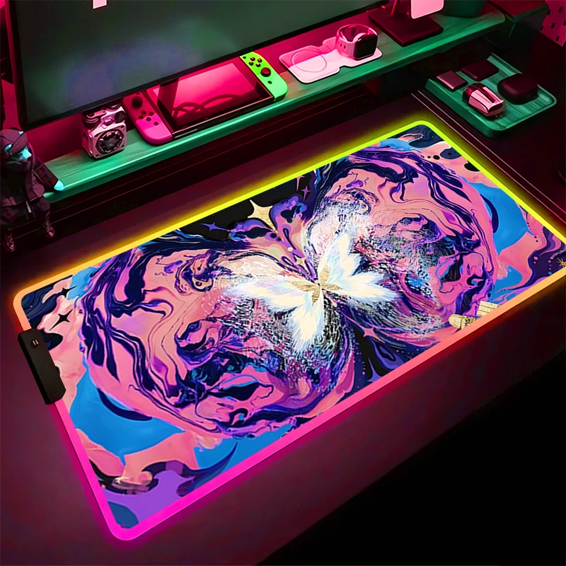 

RGB LED Mouse Pad Computer Gamer PC Accessories Mousepad HD Rubber Extended Pad Non Slip Desk Mat Laptop Butterfly Keyboard Pad