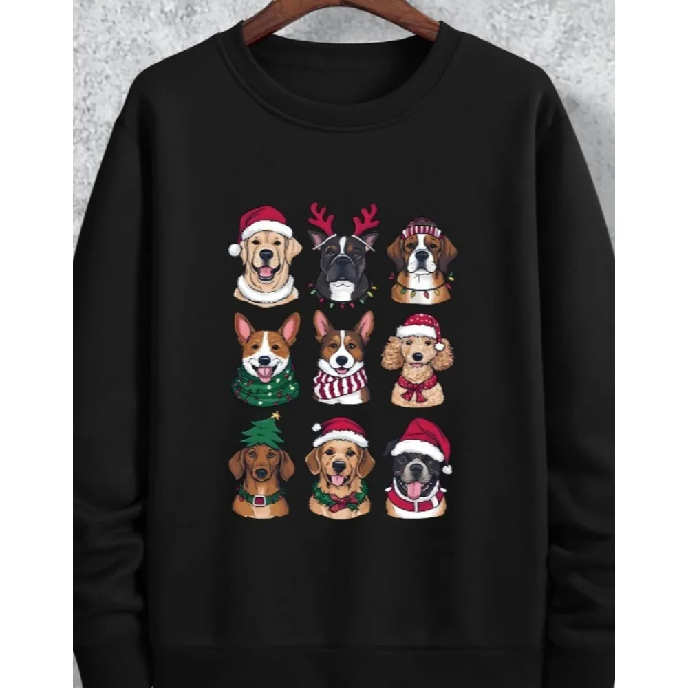 2025년 신상 남성 캐주얼 스트리트웨어 후디 스웨트셔츠 축제 크리스마스 강아지 프린트 산타 모자 & 휴일 의상 풀오버