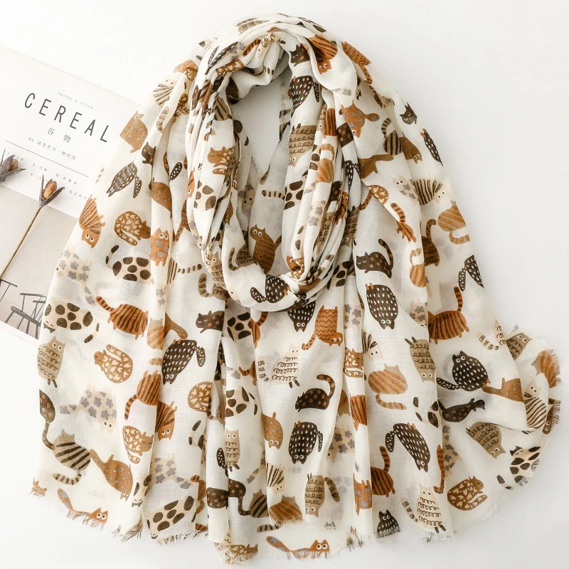 

New Cotton Linen Feeling Silk Scarf for Women Cat Print Shawl Muslim Hijab Fresh Headwear Warm Head Scarf for Office and Travel