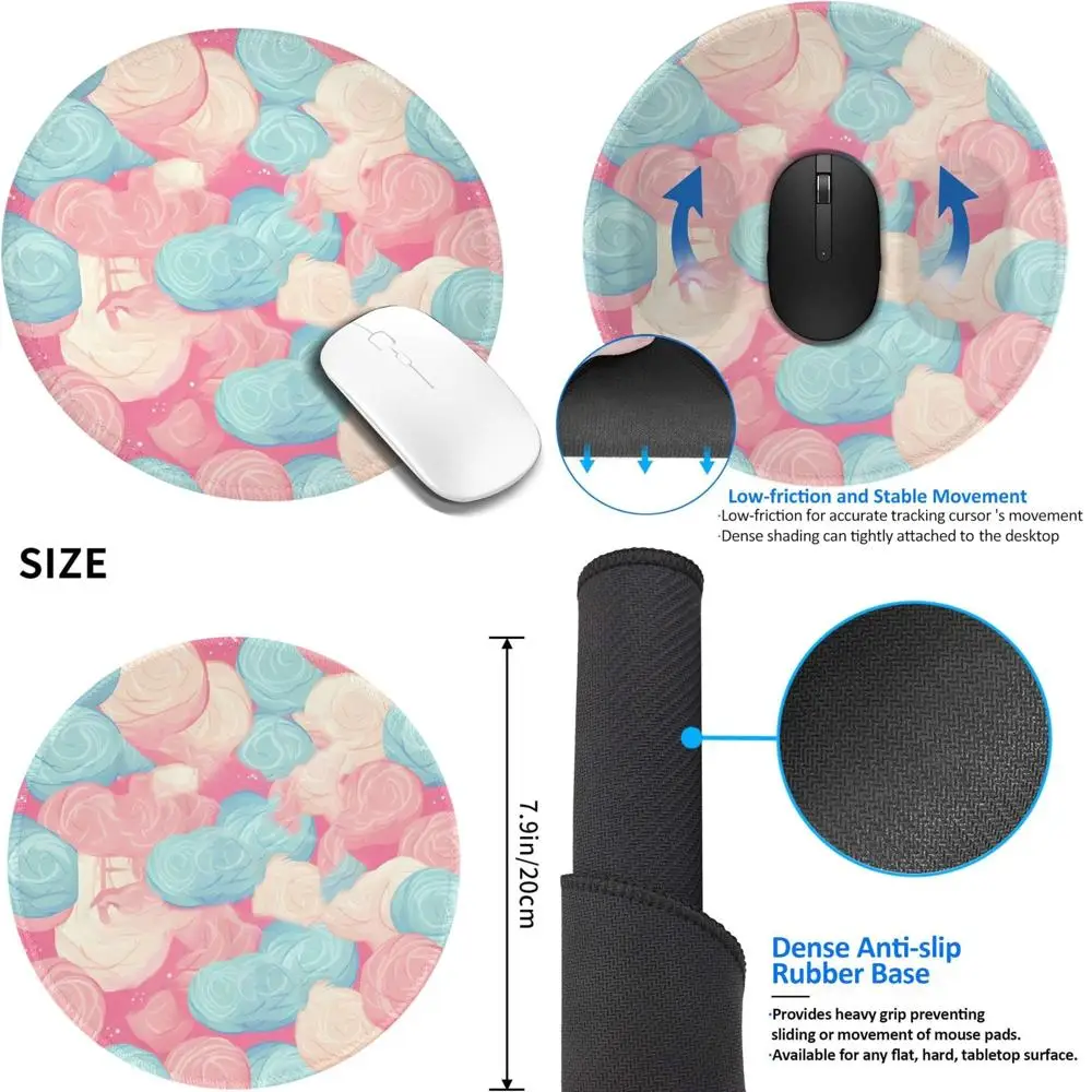Tappetino per mouse da gioco rotondo a tema zucchero filato da 8 pollici con bordi cuciti e base in gomma antiscivolo per un massimo comfort e impermeabile