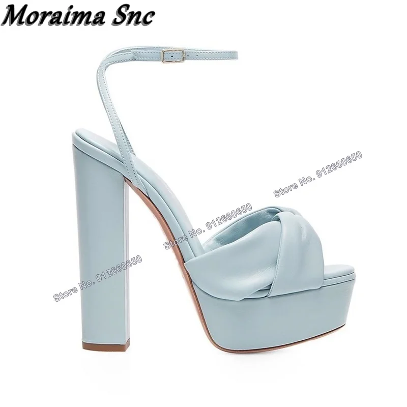 

Moraima Snc Blue Solid Bow Knot Platform Sandals Peep Toe Chunky Heel Ankle Buckle Sandals High Heels Sexy Wedding Shoes on Heel