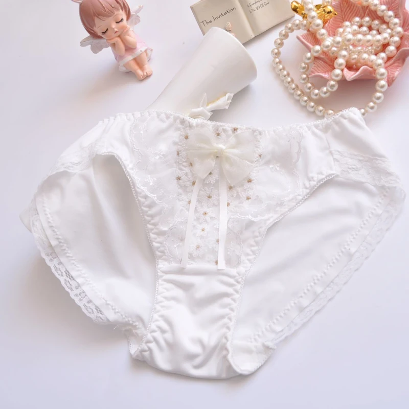 Cute Lovely Sweety Princess Style Lolita Cosplay Underwear Milk Silk Ruffles Bow Stretch Embroidery Panties Breathable Breifs