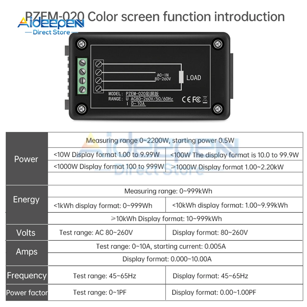 LCD電気ACメーター、電力計、電圧計、電圧電力計、10a 2200w、PZEM-020ワットメーター、80-260v