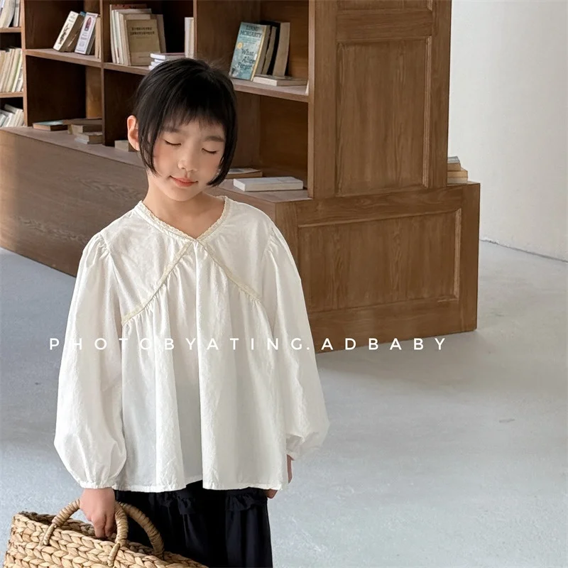 

Girl 2026 New Spring Baby Girls Lace Puff Sleeve Shirts Korean Style Floral Printed Toddlers Kids Loose Casual Blouses 1-7Y