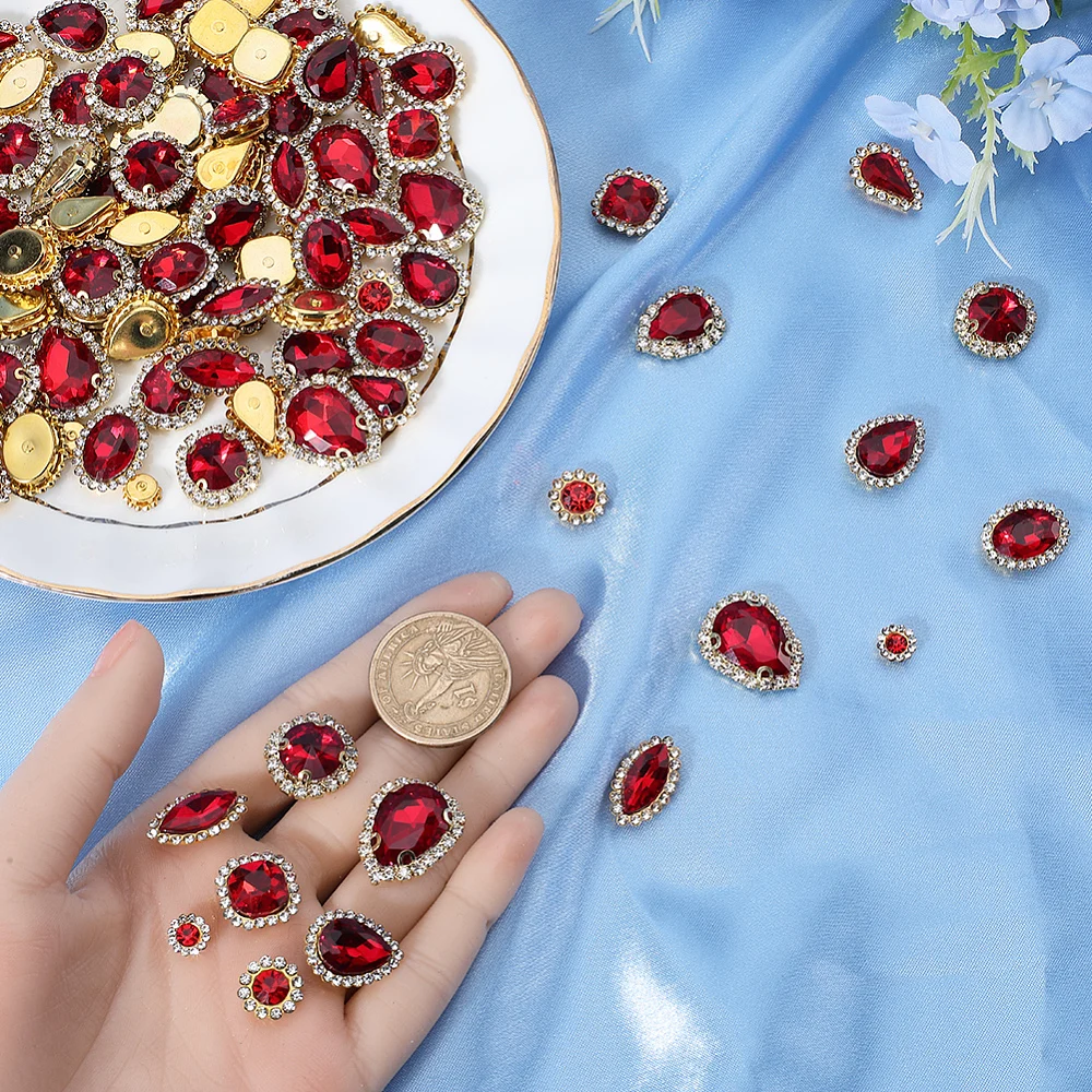 100PCS 10 Styles Sew on Rhinestones Round Horse Eye Claw Gold Prong Setting Glass Sewing Flatback Fancy Stone Gems with 4 Holes