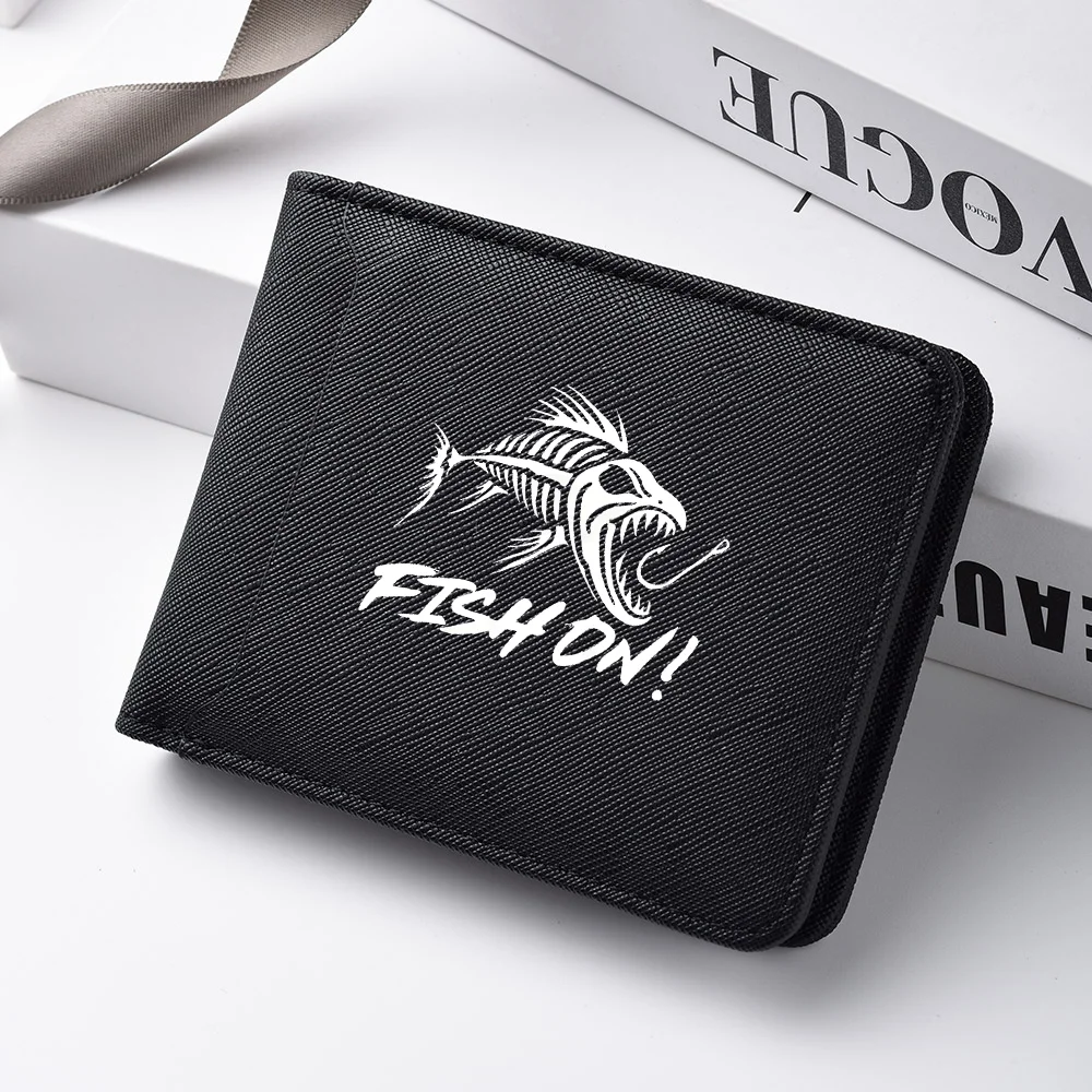 Men Slim Bifold Wallet Fish Skeleton FISH ON Print PU Leather Multi Card Slots Cash Purse Outdoor Fishing Lover Gift