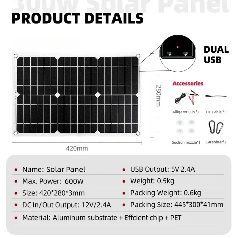 600W Solar Panel 6000W Inverter 12V To 110V/220V Solar Power Generation System Home Outdoor Car Mobile Phone Solar Charging