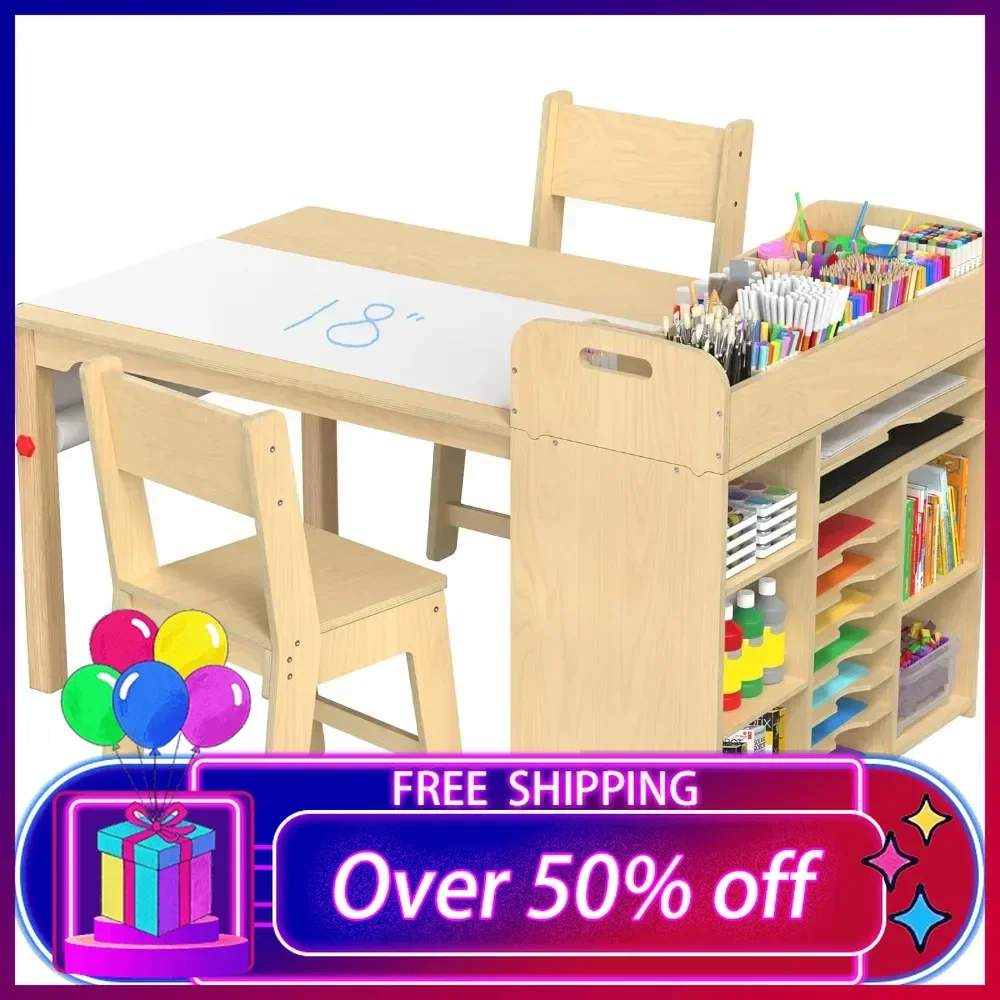 

47" L x 30" W Kids Art Table and Chairs Set Craft Table with Large Storage Desk and Art Supply Organizer for Children Ages 8-12