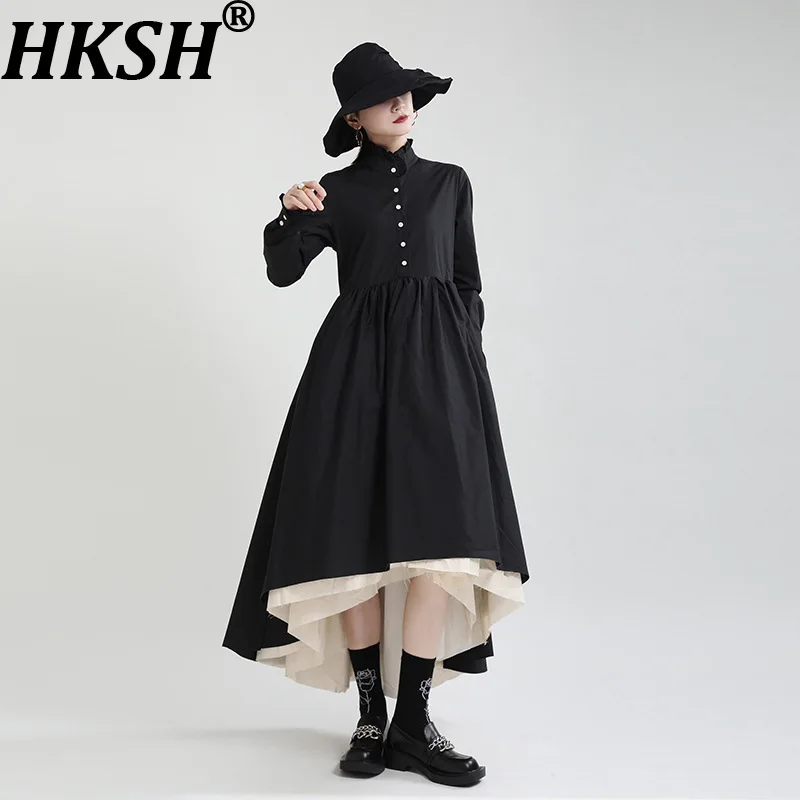 HKSH Spring Autumn New Women's Long Dress Stand Collar Multi-layer Patchwork Contrast Color Pleated Elegant Chic Dresses HK15703