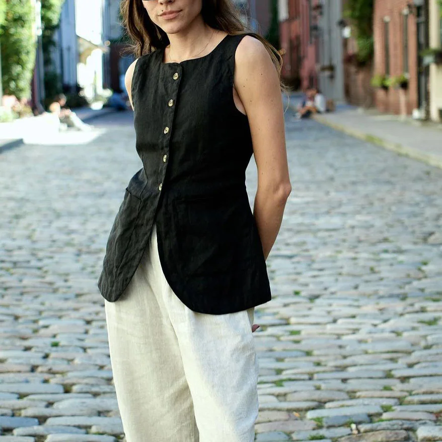 

French-style Minimalist Business Casual Blouse for Summer, Pure Cotton, Square Neckline, Sleeveless, European Women's Fashion