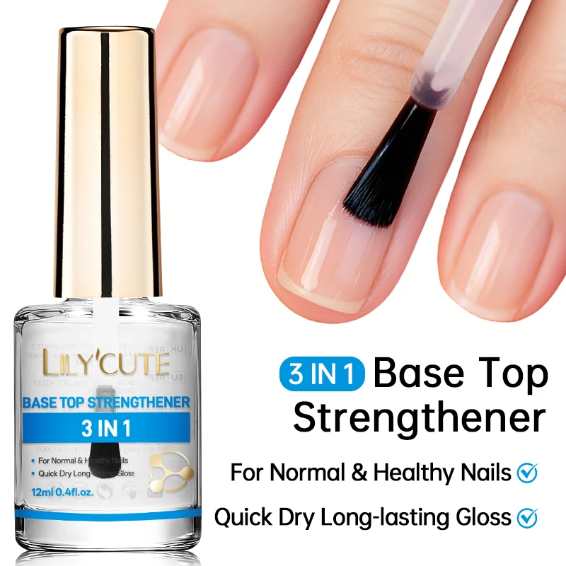 LILYCUTE 12ml Base y Top Coat para Uñas 3 en 1, Fortalecedor, Sin Necesidad de Lámpara, Cuidado en Seco, Abrillantador, Multifunción, Queratina, Larga Duración