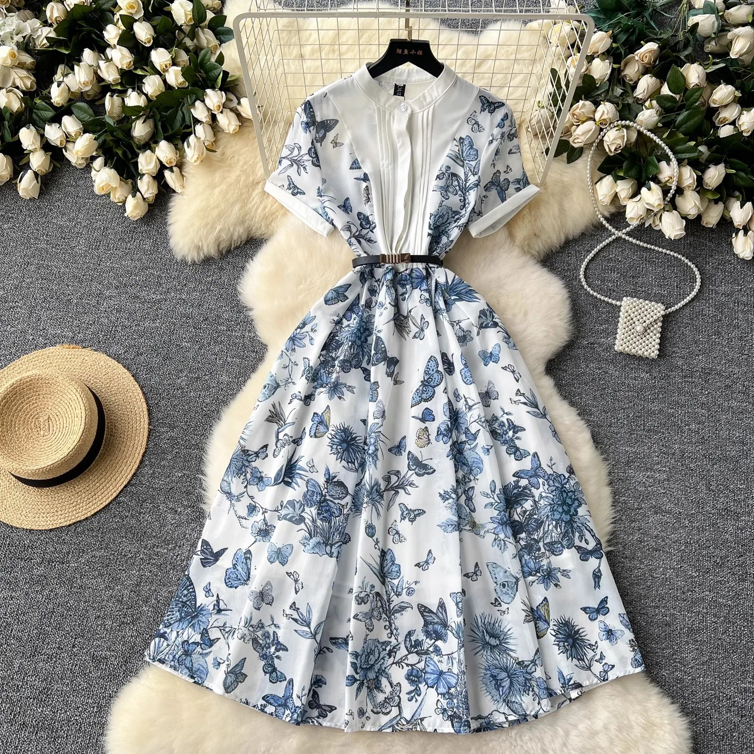 

Runway Fashion Summer Dresses for Women Short Sleeve Butterfly Print Vintage Dress Casual Aline Holiday Vestidos with Belt 5815