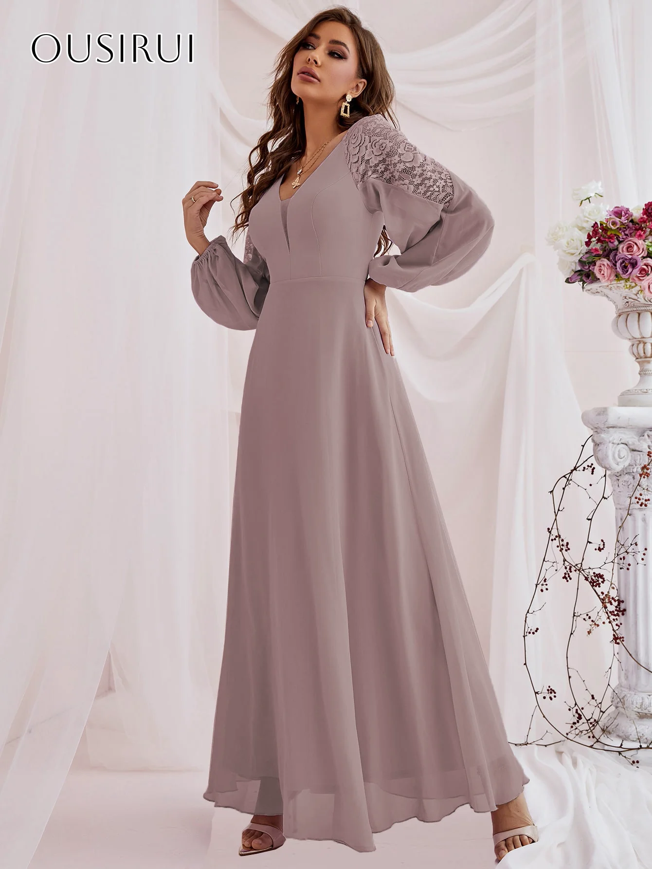 V-neck Chiffon Evening Dresses Lace Long Sleeves Pleated Ankle Length Party Gown Customized свадебное платье
