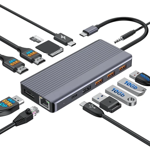 Getatek 맥북 프로 에어용 이더넷 SD 카드 리더기, DP USB 3.2 어댑터, USB C 허브, 듀얼 4K60Hz HDMI 호환, 13 인 1, PD100W 