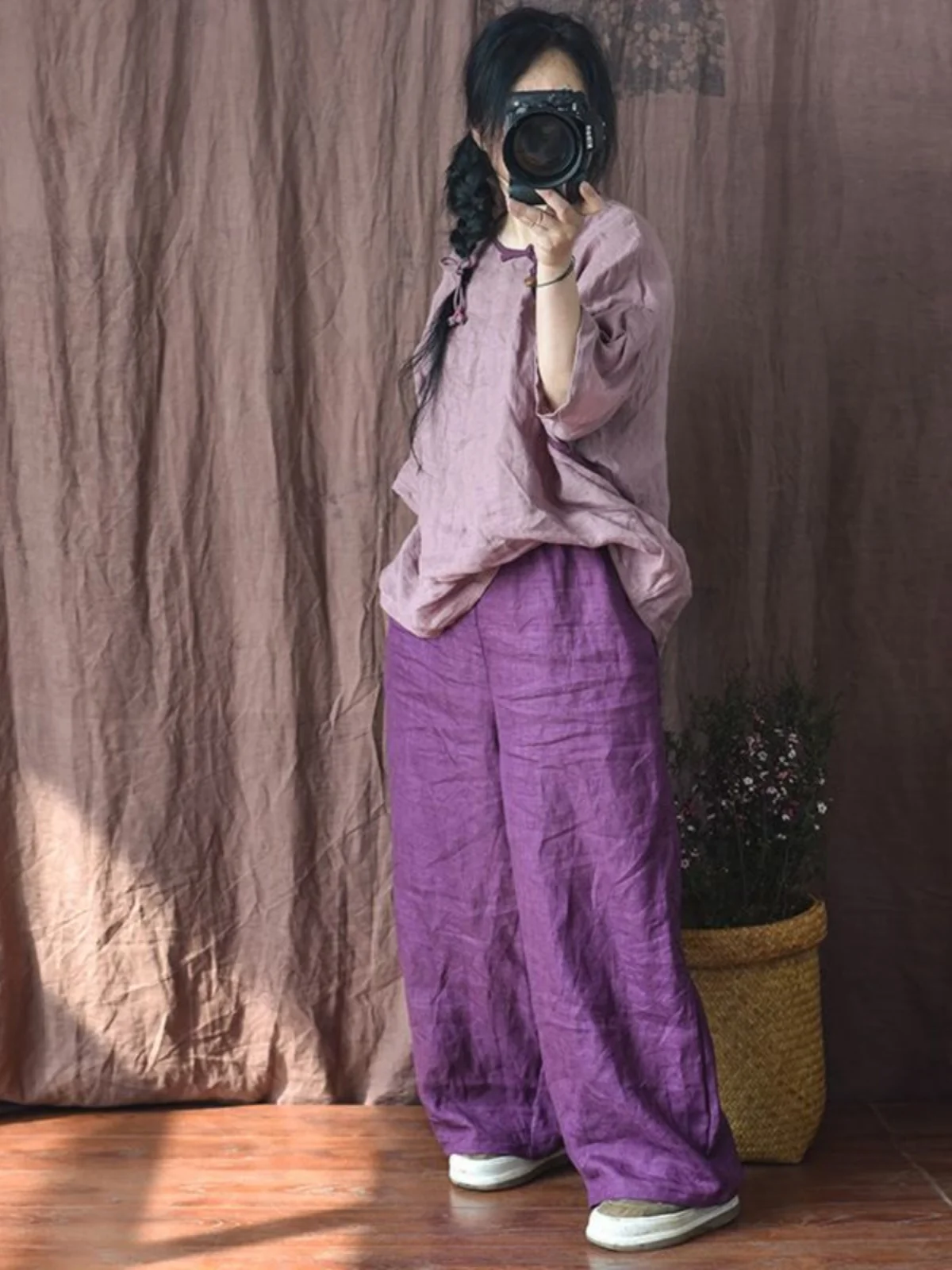 Retro Waed Denimowe Spodnie z Szerokimi Nogawkami Elastyczna Talia Luźne Casualowe Spodnie Proste w Stylu Zen Damskie Letnie Wygodne Lniane Spodnie