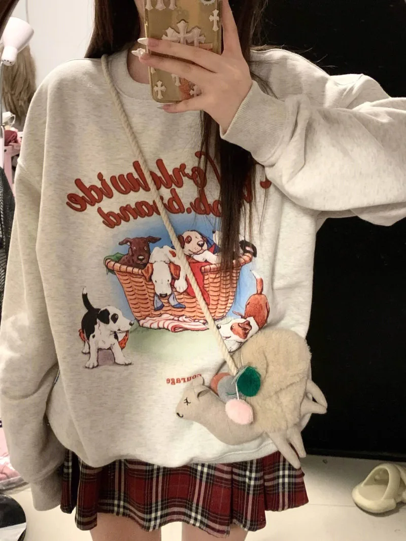

American Gray Vintage Stylish Cute Cartoon Oversize Hoodies Women Aesthetic Autumn Winter Casual Loose Student Top Y2k Clothes