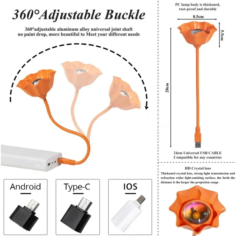 مصباح USB صغير لغروب الشمس بألوان قوس قزح، مصباح LED لتزيين غرفة النوم، ضوء ليلي