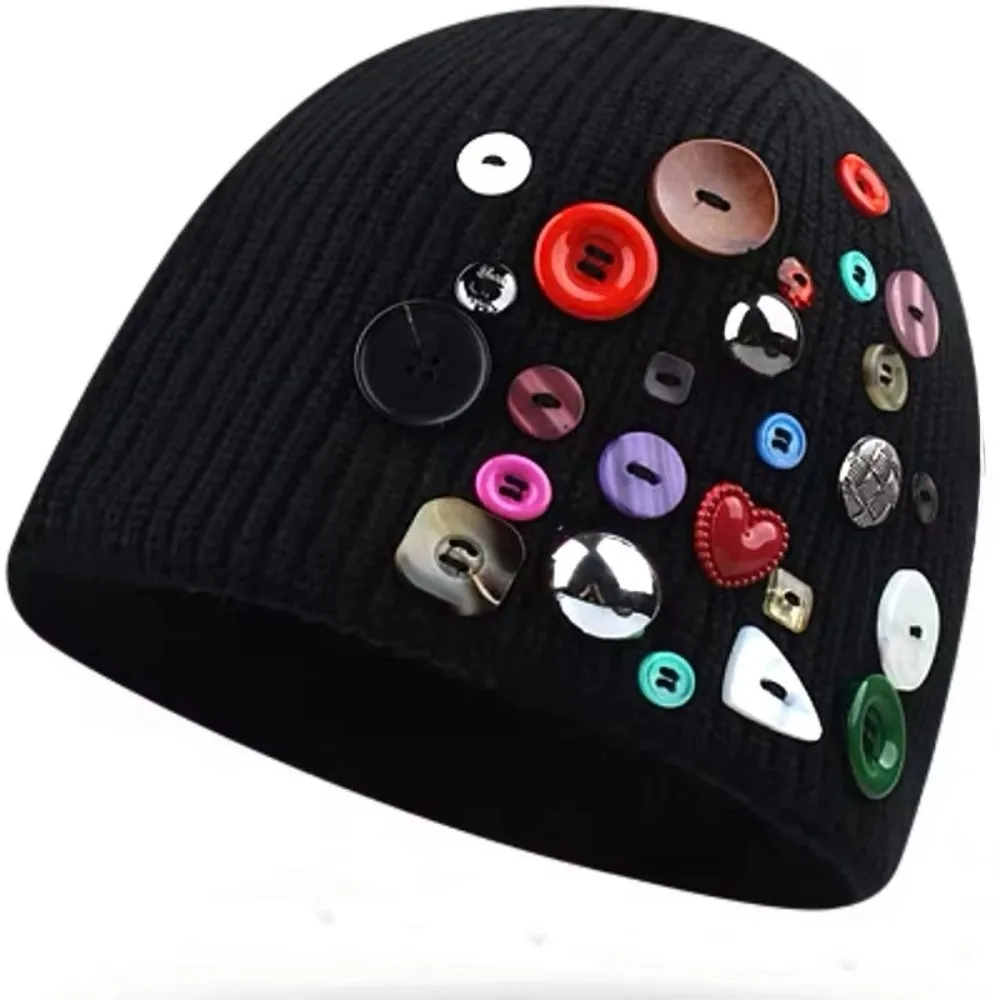 Trendy Colorful Button Beanie Hat Irregular Button-Decorated Cuffed Knitted Hat Warm Protection Elastic Personality Cold Cap