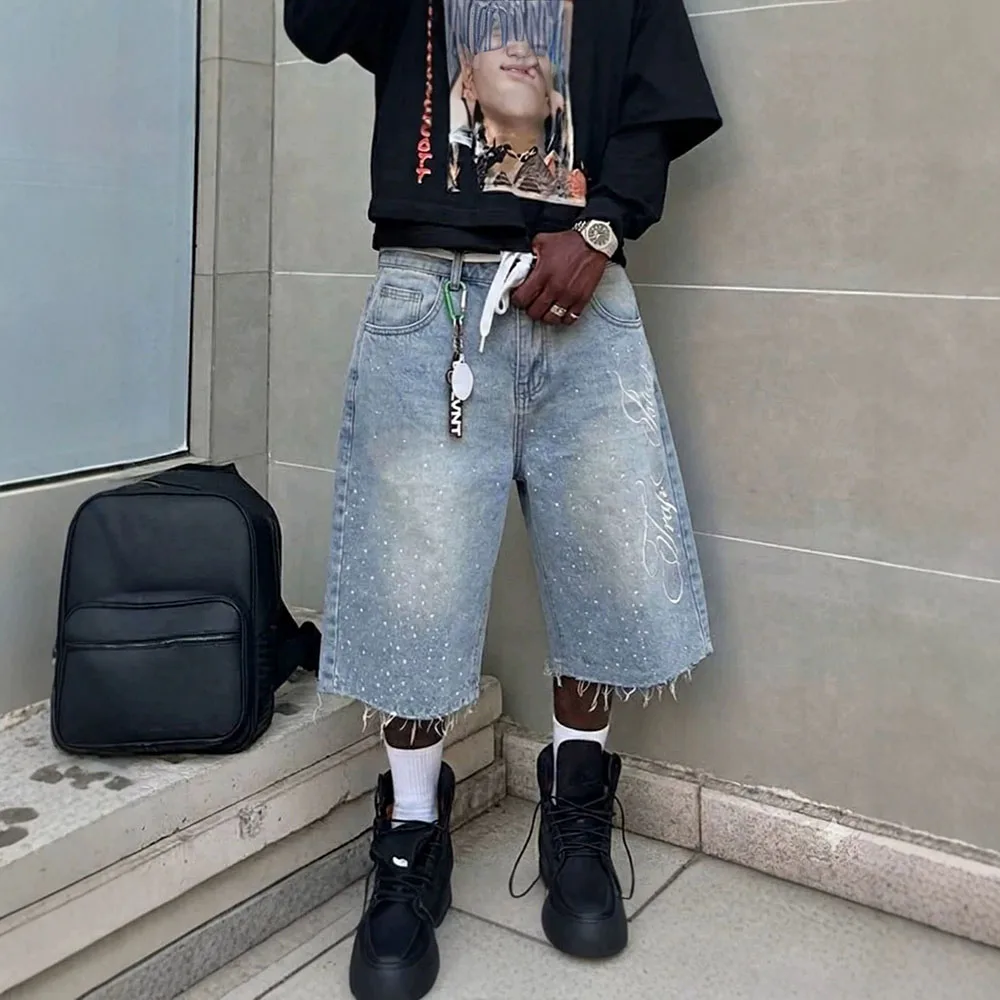 Casual Woman’ s Bright Diamond Capri Pants Simple Design High Waist Slim Retro Style Loose Fit Jeans Trendy Women's Shorts