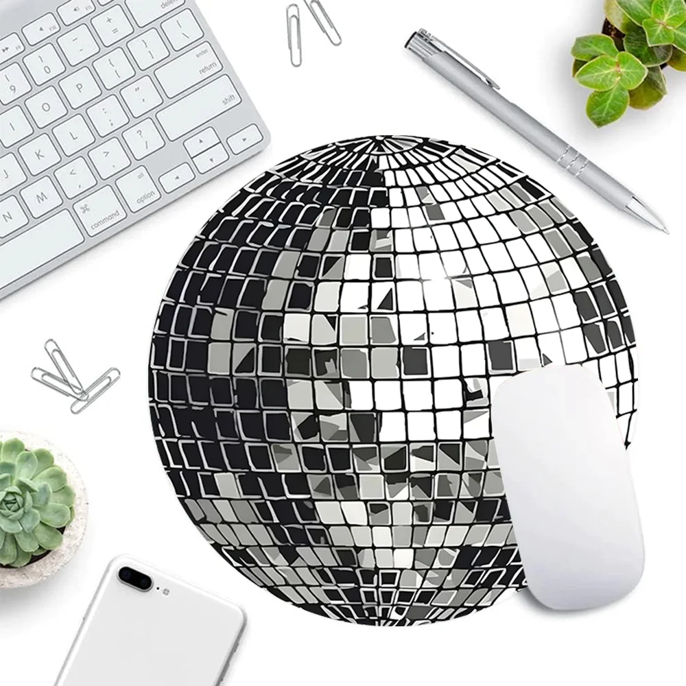 Round Mouse Pad Silver Disco Ball Design Rubber Mousepad Aesthetic Desk Accessory for Office Laptop Computer