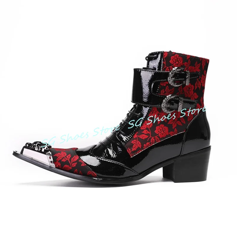 

Retro Red Rose Embroidery Patchwork Male Mid-calf Boots Metal Pointed Toe Chunky Heel Lace-up Boots for Men Motorcycle Boots
