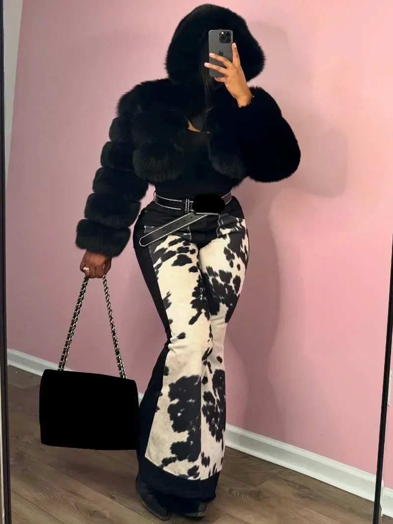 GUWU imprimer Denim Patchwork femmes rue taille haute Flare pantalon jean été sport vacances survêtement pantalons de survêtement pantalon