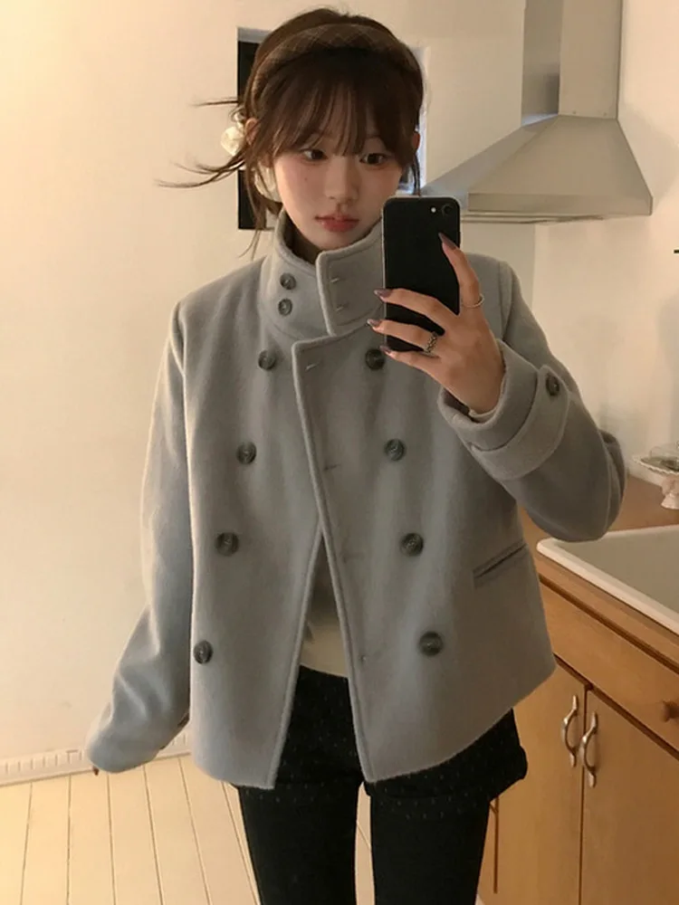 معطف نسائي من تويد جايت بلون نقي من College Sle معطف شتوي مزدوج الصدر مقاس صغير ملابس تريكو غير رسمية #4